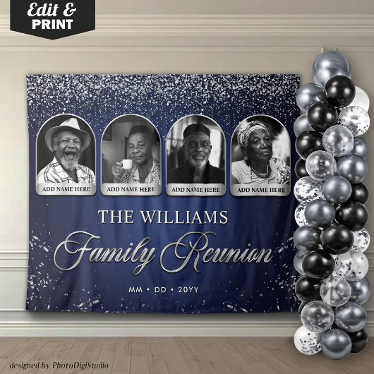 カスタムファミリーリユニオンバナー、7枚の写真付きブルーシルバー タペストリー