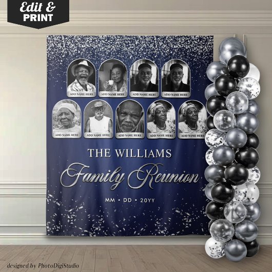 カスタムファミリーリユニオンバナー、9枚の写真付きブルーシルバー タペストリー