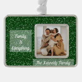 カスタムファミリー写真、名前、引用文グリーングリッター シルバープレートフレームオーナメント
