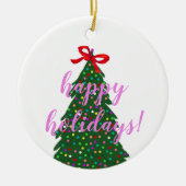 カスタムファミリー名ピンクのクリスマスツリー セラミックオーナメント (正面)
