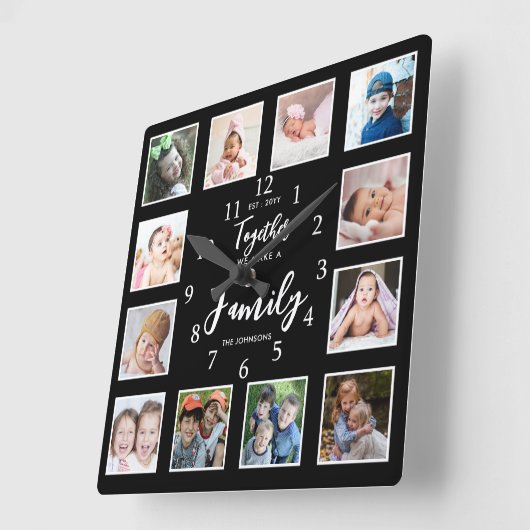 カスタムファミリー引用文12フォトコラージブラック スクエア壁時計 (傾斜)