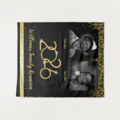 カスタムファミリー懇親会バナー、2フォトブラック金ゴールド タペストリー (正面(横))