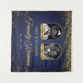 カスタムファミリー懇親会バナー、2フォトブルー金ゴールド タペストリー (正面(横))