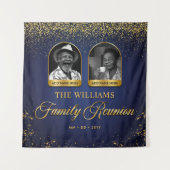 カスタムファミリー懇親会バナー、2フォトブルー金ゴールド タペストリー (正面)