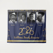 カスタムファミリー懇親会バナー、4フォトブルー金ゴールド タペストリー (正面(横))