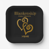 カスタムファミリー懇親会ブラック金ゴールドリンクハート ペーパープレート (正面)