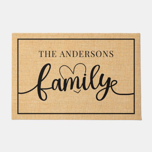 カスタムファミリ名lブラックスクリプトハート素朴 ドアマット (正面)