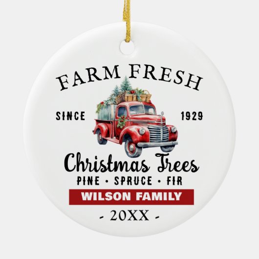 カスタムファームフレッシュヴィンテージレッドトラッククリスマス セラミックオーナメント (裏面)