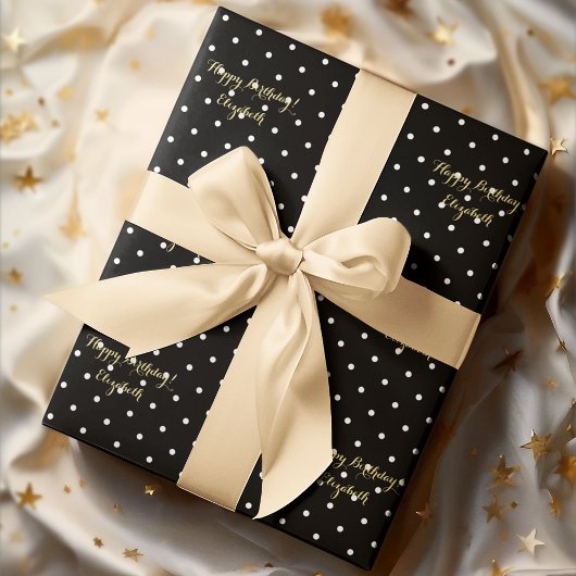 カスタムフェイク金ゴールドスクリプト白黒水玉模様 ラッピングペーパー