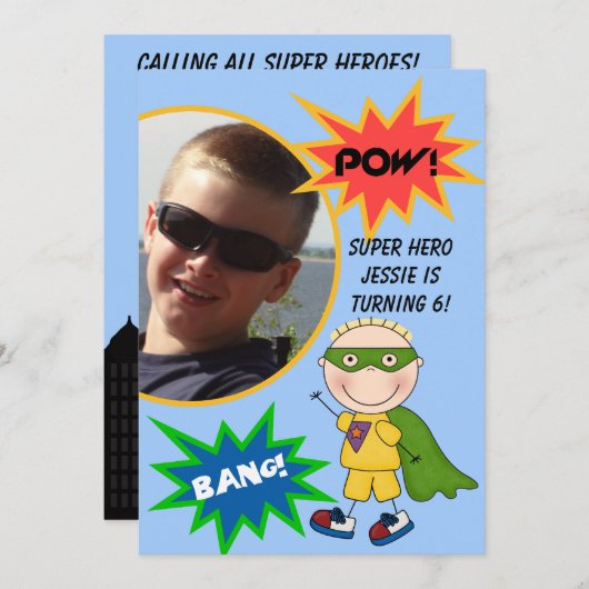 カスタムフォトすごいヒーローブロンドボーイ誕生日招待状 招待状 (正面/裏面)