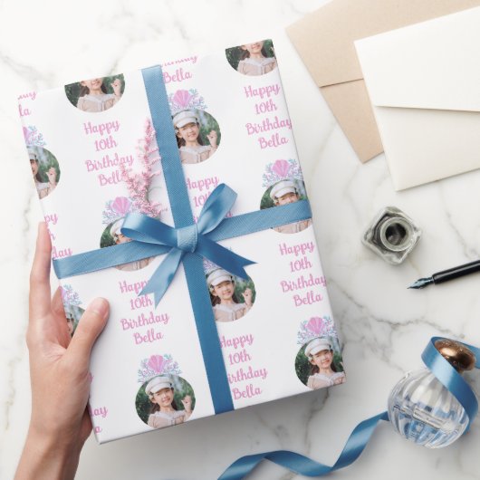 カスタムフォトウォーターカラーマーメイドクラウン誕生日 ラッピングペーパー (ギフト)