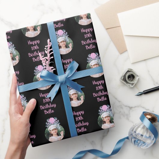 カスタムフォトウォーターカラーマーメイドクラウン誕生日 ラッピングペーパー (ギフト)