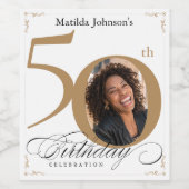 カスタムフォトエレガント金ゴールド50th誕生日パーティー ワインラベル (シングルラベル)