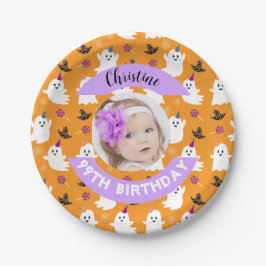 カスタムフォトオレンジのハロウィーン幽霊誕生日パーティー ペーパープレート