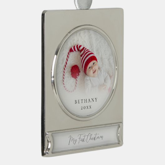 カスタムフォトオーバーレイ名ベビー初めてのクリスマス シルバープレートバナーオーナメント (右)