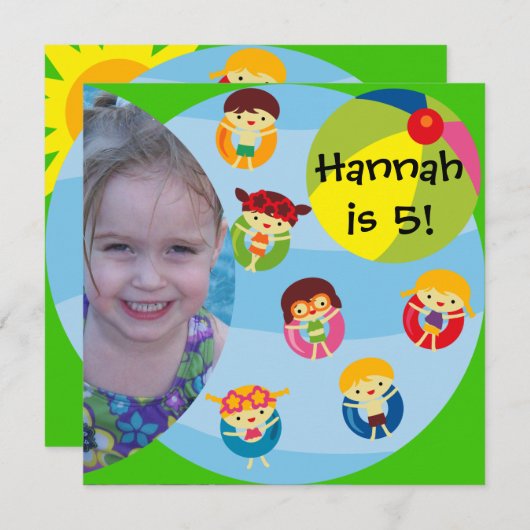 カスタムフォトガールプールパーティースイミング誕生日 招待状 (正面/裏面)