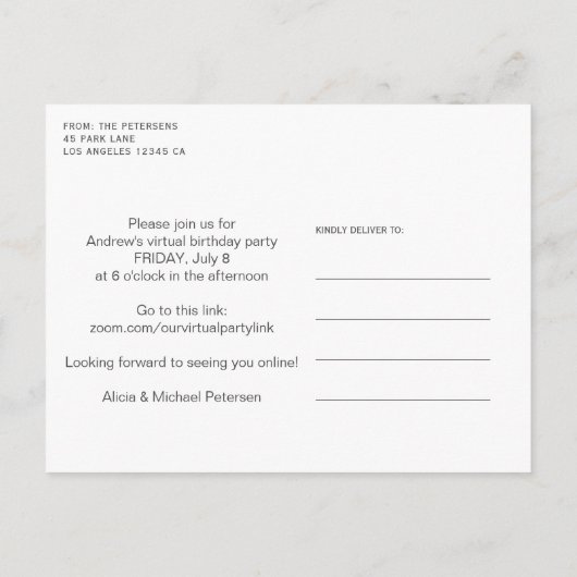 カスタムフォトキッズサッカーのバーチャル誕生日パーティー インビテーションポストカード (裏面)