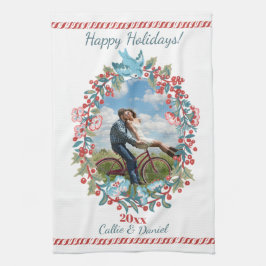 カスタムフォトクリスマスリースカップル キッチンタオル