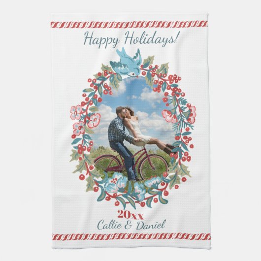 カスタムフォトクリスマスリースカップル キッチンタオル (縦)