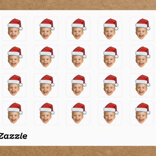 カスタムフォトクリスマス | サンタの帽子をかぶった顔 スクエアシール