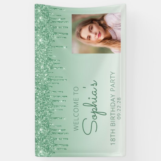 カスタムフォトグリーングリッタードリップ18誕生日 横断幕 (縦)