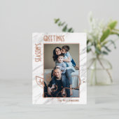 カスタムフォトグレー白大理石パターンバラ金ゴールド 箔シーズンポストカード (立ち正面)