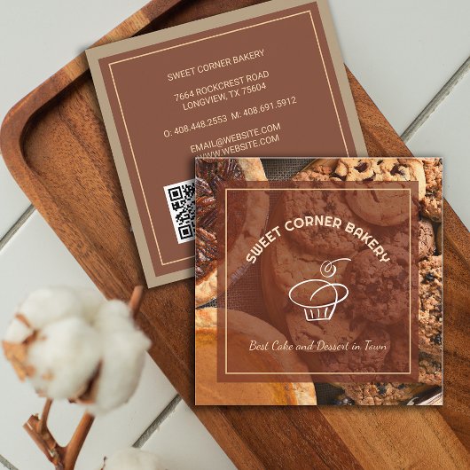 カスタムフォトケーキベーカリーロゴQRコード スクエア名刺