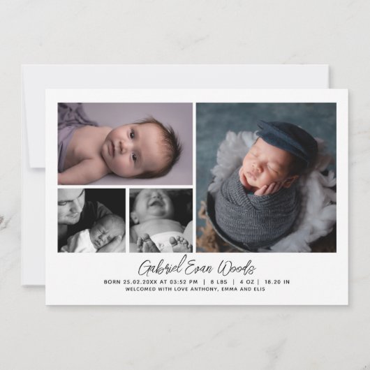 カスタムフォトコラージスクリプトオーバーレイベビー誕生 案内状 (裏面)