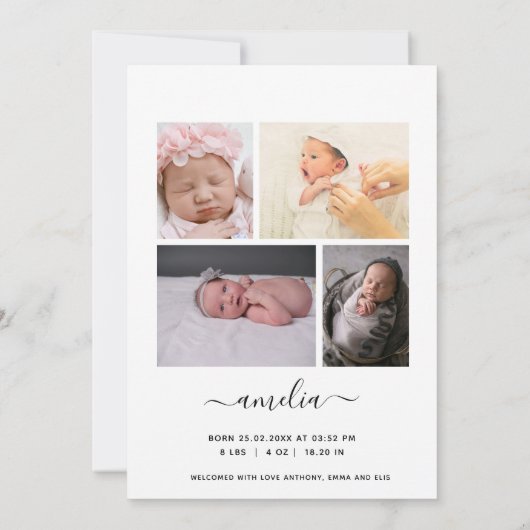 カスタムフォトコラージスクリプトオーバーレイベビー誕生An 案内状 (裏面)