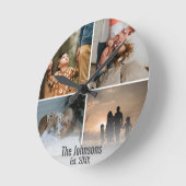 カスタムフォトコラージュの家族の名前日付 ラウンド壁時計 (傾斜)