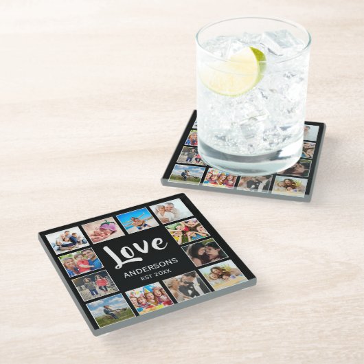 カスタムフォトコラージュパーソナライズされたブラック ガラスコースター (アングル)