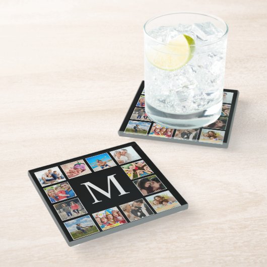 カスタムフォトコラージュパーソナライズされたブラック ガラスコースター (アングル)