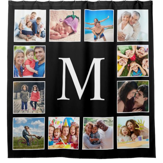カスタムフォトコラージュパーソナライズされたブラック シャワーカーテン (正面)