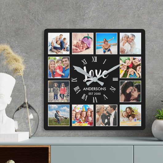 カスタムフォトコラージュパーソナライズされたブラック スクエア壁時計