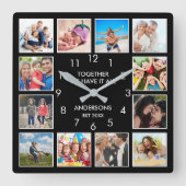 カスタムフォトコラージュパーソナライズされたブラック スクエア壁時計 (正面)