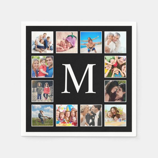 カスタムフォトコラージュパーソナライズされたブラック スタンダードカクテルナプキン (正面)