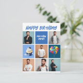 カスタムフォトコラージュパーソナライズされたブルー誕生日 ポストカード (スタンド正面)