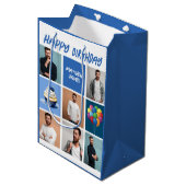 カスタムフォトコラージュパーソナライズされたブルー誕生日 ミディアムペーパーバッグ (正面アングル)