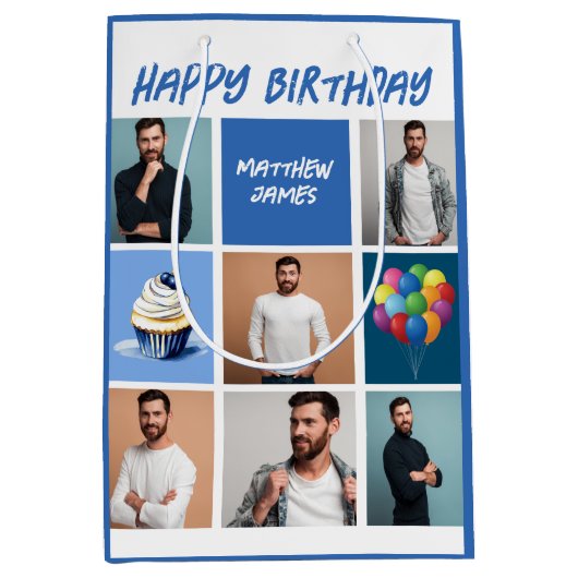 カスタムフォトコラージュパーソナライズされたブルー誕生日 ミディアムペーパーバッグ (正面)