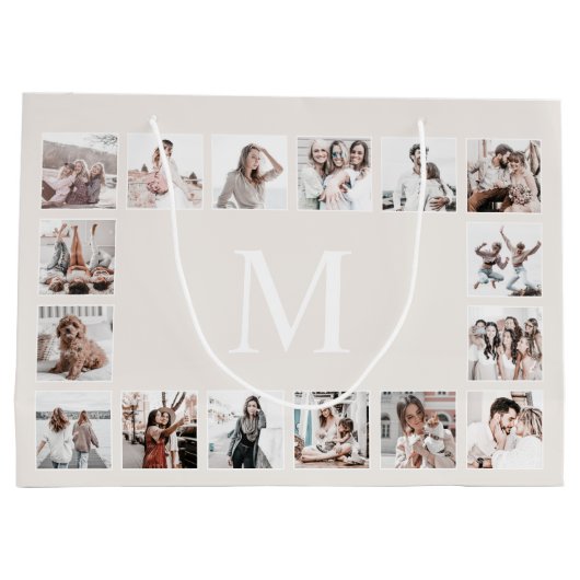 カスタムフォトコラージュパーソナライズされたベージュ ラージペーパーバッグ (裏面)