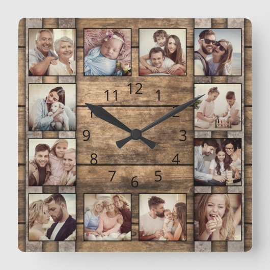 カスタムフォトコラージュファミリー木素朴樽 スクエア壁時計 (正面)