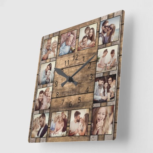 カスタムフォトコラージュファミリー木素朴樽 スクエア壁時計 (傾斜)