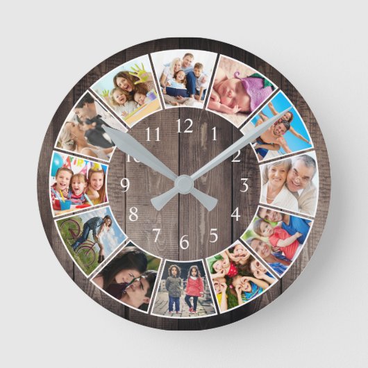 カスタムフォトコラージュファ素朴ームハウスファミリー ラウンド壁時計 (正面)