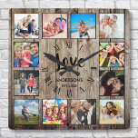 カスタムフォトコラージュファ素朴ームハウスラブファミリー スクエア壁時計<br><div class="desc">田舎の農家のの木の板の背景に、自分パーソナライズされたのスタイルを描いた12枚のフォトコラカスタムージュ、ローマ数字の壁掛け時計を作成します。時計の顔には、お前の姓名、創立1年、手書きの台本「愛」も載っている。写真、デザインお気に入りの、作品を追加して、実際に作り出すことができまユニークす。このデザインテンプレートを編集するには、上記のように独自のイメージをアップロードし、文字フィールドを編集します。イメージやイメージ、カスタマイズフォント、背景を簡単に追加できます。
家族や友人、両親、祖父母に最適な贈り物を自分で出しなさい!</div>