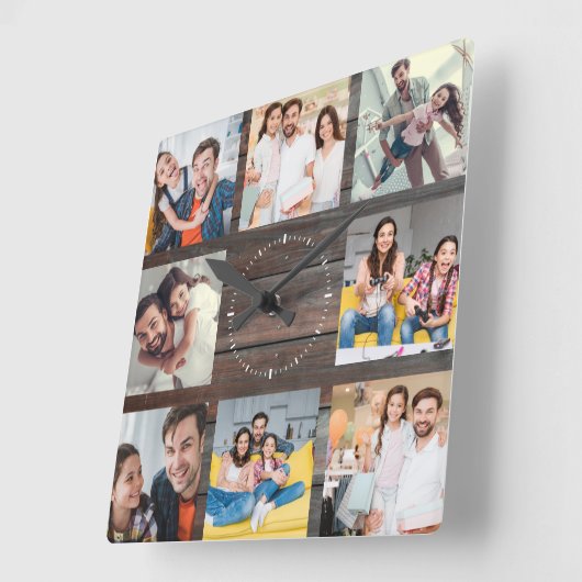 カスタムフォトコラージュモダンダークウッド スクエア壁時計 (傾斜)