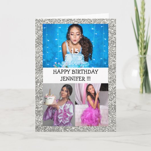 カスタムフォトコラージュ名グリッターハッピーバースデー カード (正面)