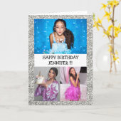 カスタムフォトコラージュ名グリッターハッピーバースデー カード (黄色い花)