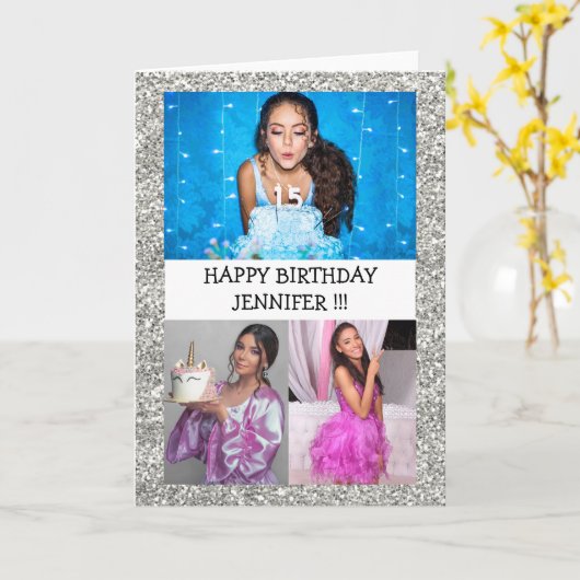 カスタムフォトコラージュ名グリッターハッピーバースデー カード (黄色い花)