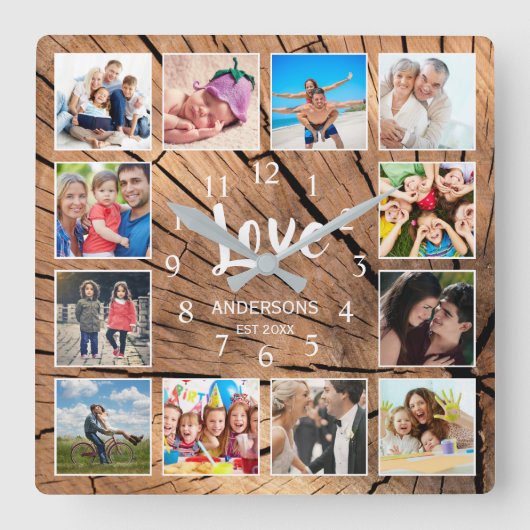 カスタムフォトコラージュ家族ラブウッドログ スクエア壁時計 (正面)