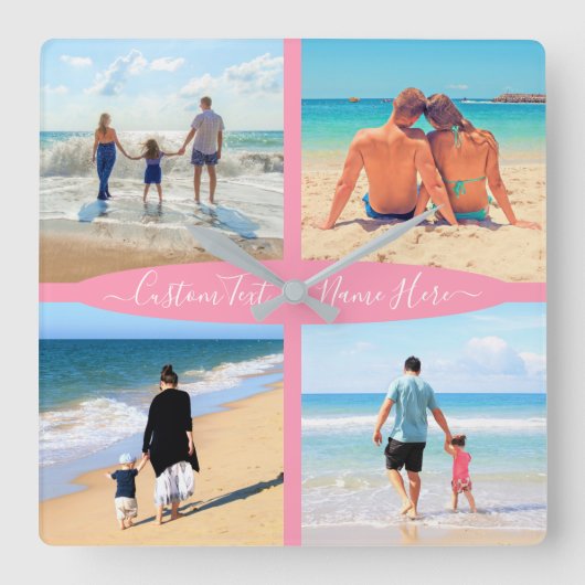 カスタムフォトコラージュ文字ファミリーラパーソナライズされたブ スクエア壁時計 (正面)